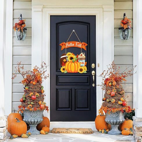 Hello Fall Welcome Door Sign, Wooden Pumpkin Hanging Decor for Front Door, Maple Leaf Football Pumpkin Spice Latte Sunflower Wall Decor Wreath for Autumn Harvest Thanksgiving Home Decorations in Kuwait