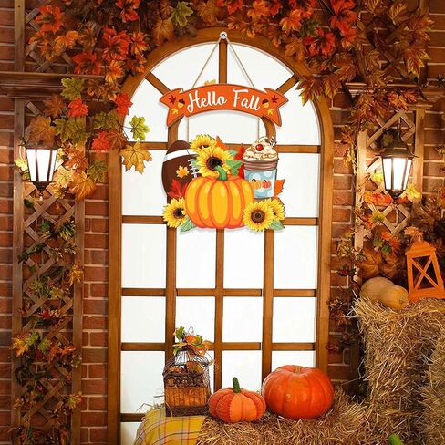 Hello Fall Welcome Door Sign, Wooden Pumpkin Hanging Decor for Front Door, Maple Leaf Football Pumpkin Spice Latte Sunflower Wall Decor Wreath for Autumn Harvest Thanksgiving Home Decorations in Kuwait