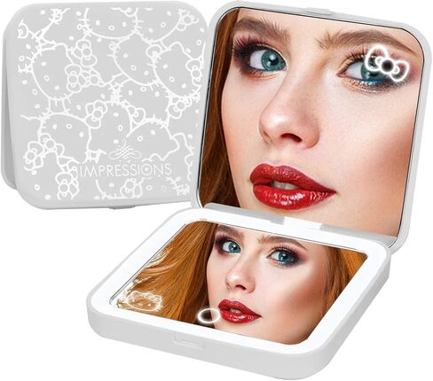 مرآة مضغوطة فائقة الجودة من Impressions Vanity Hello Kitty مع مفتاح مستشعر يعمل باللمس من أجل سطوع قابل للتعديل، ومرآة مكياج مضيئة مع أضواء LED ومرآة مكبرة 2X (وردي) in Kuwait