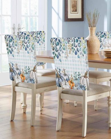 Thanksgiving Day Dining Chair Back Cover Set of 4, Fall Pumpkins Eucalyptus Leaves Pastoral Blue White Beige Chair Protector Covers Removable Chair Slipcovers for Banquet Party 19x18 Inch in Saudi Arabia