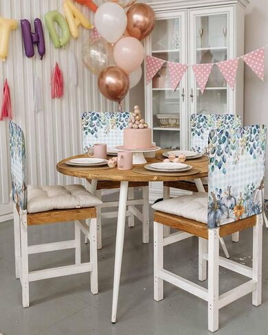 Thanksgiving Day Dining Chair Back Cover Set of 4, Fall Pumpkins Eucalyptus Leaves Pastoral Blue White Beige Chair Protector Covers Removable Chair Slipcovers for Banquet Party 19x18 Inch in Saudi Arabia