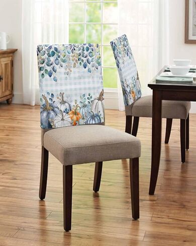 Thanksgiving Day Dining Chair Back Cover Set of 4, Fall Pumpkins Eucalyptus Leaves Pastoral Blue White Beige Chair Protector Covers Removable Chair Slipcovers for Banquet Party 19x18 Inch in Saudi Arabia