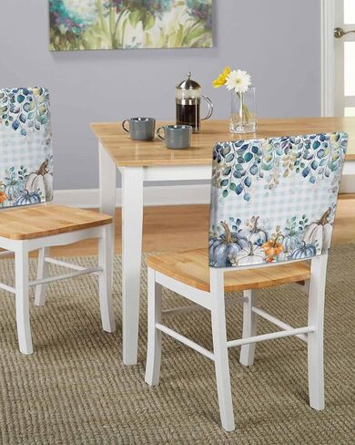 Thanksgiving Day Dining Chair Back Cover Set of 4, Fall Pumpkins Eucalyptus Leaves Pastoral Blue White Beige Chair Protector Covers Removable Chair Slipcovers for Banquet Party 19x18 Inch in Saudi Arabia