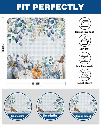Thanksgiving Day Dining Chair Back Cover Set of 4, Fall Pumpkins Eucalyptus Leaves Pastoral Blue White Beige Chair Protector Covers Removable Chair Slipcovers for Banquet Party 19x18 Inch in Saudi Arabia