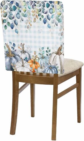 Thanksgiving Day Dining Chair Back Cover Set of 4, Fall Pumpkins Eucalyptus Leaves Pastoral Blue White Beige Chair Protector Covers Removable Chair Slipcovers for Banquet Party 19x18 Inch in Saudi Arabia