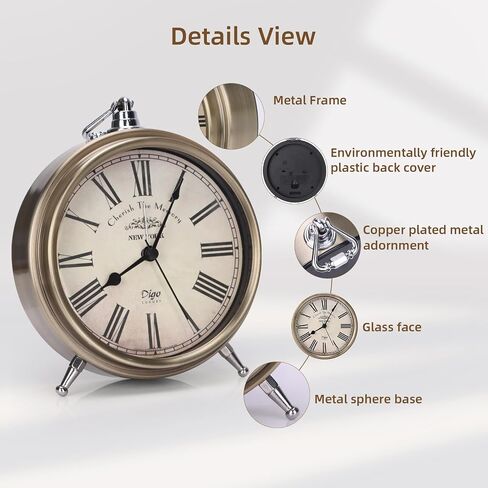 Vintage Table Clock on Stand, Super Silent Non Ticking Silvery Small Analog Alarm Clock,Battery Operated, Decorative Clock for Bedside/Desk/Shelf (Arabic) in Saudi Arabia