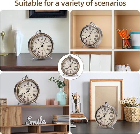 Vintage Table Clock on Stand, Super Silent Non Ticking Silvery Small Analog Alarm Clock,Battery Operated, Decorative Clock for Bedside/Desk/Shelf (Arabic) in Saudi Arabia