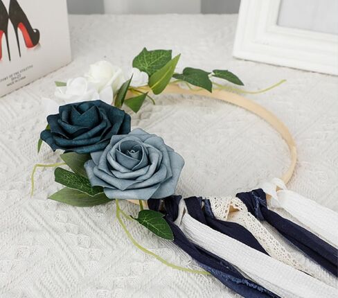Wedding Artificial Floral Hoop Wreath for Bridesmaids, Artificial Rose Flower Round Frame Wreath with Lace and Ribbons for Wedding Ceremony Bridal Shower Anniversary (Green) in Saudi Arabia