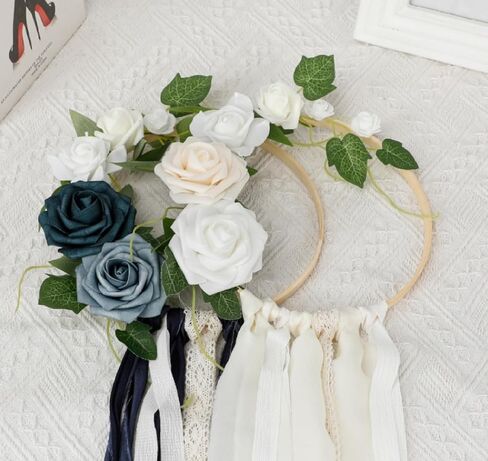 Wedding Artificial Floral Hoop Wreath for Bridesmaids, Artificial Rose Flower Round Frame Wreath with Lace and Ribbons for Wedding Ceremony Bridal Shower Anniversary (Green) in Saudi Arabia