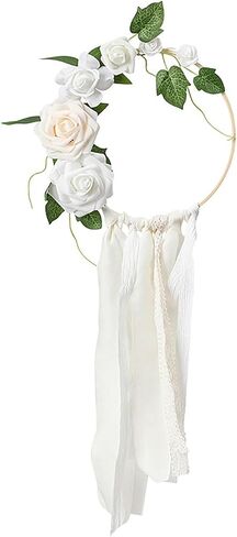 Wedding Artificial Floral Hoop Wreath for Bridesmaids, Artificial Rose Flower Round Frame Wreath with Lace and Ribbons for Wedding Ceremony Bridal Shower Anniversary (Green) in Saudi Arabia