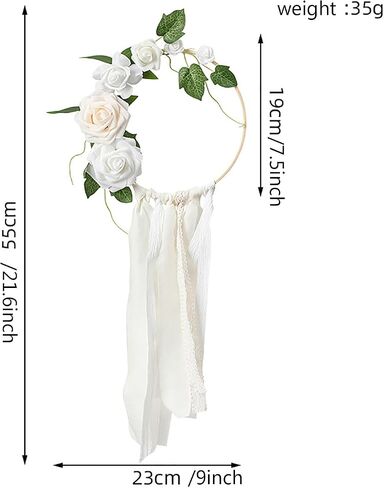 Wedding Artificial Floral Hoop Wreath for Bridesmaids, Artificial Rose Flower Round Frame Wreath with Lace and Ribbons for Wedding Ceremony Bridal Shower Anniversary (Green) in Saudi Arabia