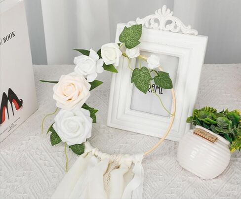 Wedding Artificial Floral Hoop Wreath for Bridesmaids, Artificial Rose Flower Round Frame Wreath with Lace and Ribbons for Wedding Ceremony Bridal Shower Anniversary (Green) in Saudi Arabia