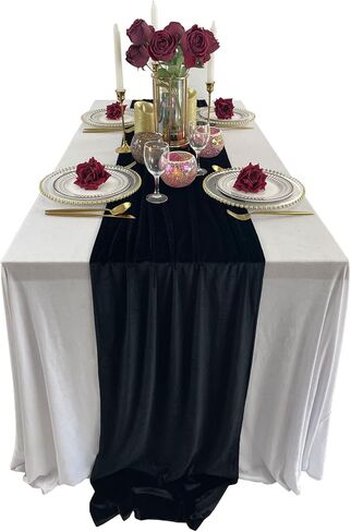 مفرش طاولة مخملي فاخر، ديكورات استقبال زفاف بطول 10 أقدام، قماش مخملي ناعم مقاس 20 × 120 بوصة، غطاء من بياضات الطاولة، مفارش طاولة الزفاف (عنابي، 20 × 120 بوصة) in Kuwait