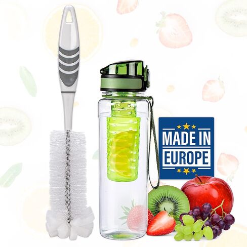 Crystalia Fruit Infuser Water Bottle and Cleaning Brush Kit, Reusable Circle Tea Lemon Flavor Dispenser for Adults, Gym Travel Camping School, BPA-Free Plastic, Leak Proof Flip Top Lid (Green) in Saudi Arabia