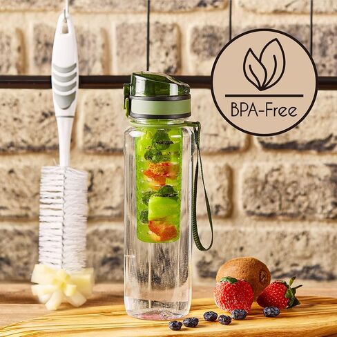 Crystalia Fruit Infuser Water Bottle and Cleaning Brush Kit, Reusable Circle Tea Lemon Flavor Dispenser for Adults, Gym Travel Camping School, BPA-Free Plastic, Leak Proof Flip Top Lid (Green) in Saudi Arabia