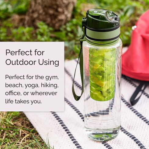 Crystalia Fruit Infuser Water Bottle and Cleaning Brush Kit, Reusable Circle Tea Lemon Flavor Dispenser for Adults, Gym Travel Camping School, BPA-Free Plastic, Leak Proof Flip Top Lid (Green) in Saudi Arabia