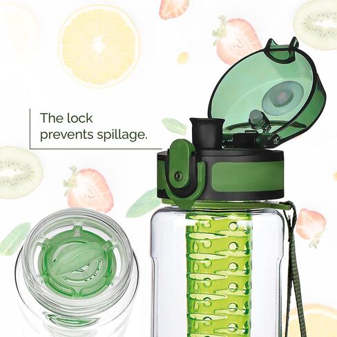Crystalia Fruit Infuser Water Bottle and Cleaning Brush Kit, Reusable Circle Tea Lemon Flavor Dispenser for Adults, Gym Travel Camping School, BPA-Free Plastic, Leak Proof Flip Top Lid (Green) in Saudi Arabia