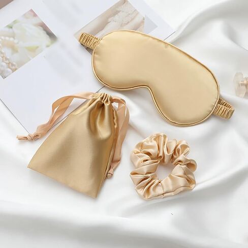 3 Pcs Artificial Silk Sleep Masks Set Satin Sleeping Eye Mask Hair Scrunchies Night Blindfold Blackout Eyeshades Eye Cover Wedding Bridesmaid Gifts White in Saudi Arabia