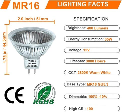 Vinaco MR16 لمبة هالوجين 50W 12V، 6 حزمة MR16 لمبة عكس الضوء، طويلة الأمد MR16 GU5.3 لمبة 50W، 2800K MR16 أبيض دافئ مع قاعدة GU5.3، هالوجين MR16 50W للمناظر الطبيعية، أضواء المسار، والألياف البصرية in Saudi Arabia