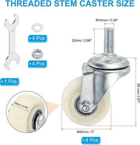 PATIKIL 1.5 Inch Stem Caster Wheels, 4 Pack Low Profile Rubber Threaded Shelf Swivel Wheel M10 x 25 mm Total Load 397 Lbs for Cart Wire Shelving Racks Leveling, White in Saudi Arabia