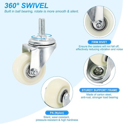 PATIKIL 1.5 Inch Stem Caster Wheels, 4 Pack Low Profile Rubber Threaded Shelf Swivel Wheel M10 x 25 mm Total Load 397 Lbs for Cart Wire Shelving Racks Leveling, White in Saudi Arabia