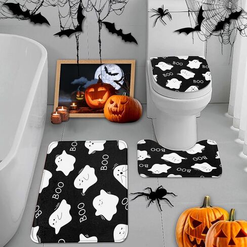 Britimes Halloween Cute Ghost Bathroom Rug Set of 3, 3 Pieces Bath Mats Set for Bathroom,Black Funny Horror No Silp Washable Cover Floor Rug Decorations for Kitchen Bathroom Bedroom in Saudi Arabia