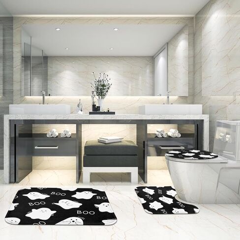 Britimes Halloween Cute Ghost Bathroom Rug Set of 3, 3 Pieces Bath Mats Set for Bathroom,Black Funny Horror No Silp Washable Cover Floor Rug Decorations for Kitchen Bathroom Bedroom in Saudi Arabia