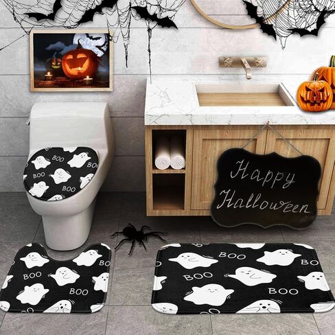 Britimes Halloween Cute Ghost Bathroom Rug Set of 3, 3 Pieces Bath Mats Set for Bathroom,Black Funny Horror No Silp Washable Cover Floor Rug Decorations for Kitchen Bathroom Bedroom in Saudi Arabia