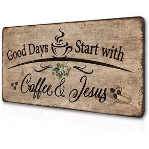 Coffee Bar Decor Rustic Wall Hanging Wood Plaque Coffee Sign - Good Days Start with Coffee and Jesus - Coffee Accessories for Home Coffee Station Office Coffee Bar