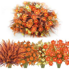 24 Pcs Artificial Fall Flowers, UV Resistant Fall Plants Outdoor Fake Fall Plastic Flowers Bunches Fall Plants Bulk for Autumn Thanksgiving Home Front Door Window Box Indoor Outside Decor