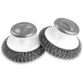 2 Pcs Stainless Steel Scrubber with Handle Steel Wool Scrubber Tool for Cleaning Dishes Scrubbing Scouring Brush Pad Durable Ideal for Kitchen and Household Uncoated Cookware Pots Pans Sink