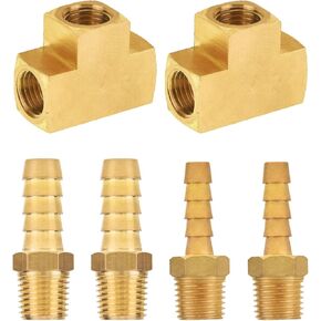 SUNGATOR 1/4" NPT Female Barstock Tee, 1/4" NPT x 1/4" Hose Barb, 1/4" NPT x 3/8" Hose Barb Adapter Set, Brass Pipe Fitting and Air Hose Fitting (6-Pack)