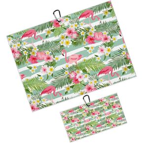 Tropical Floral Golf Towel 2 Packs Pink Red Hibiscus Flowers Golf Towels for Golf Bags Men Women Hawaiian Plants Microfiber Waffle Golf Towel with Clip Funny Golf Gift Accessories