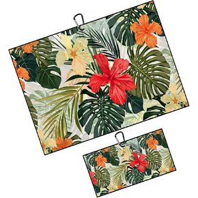 Tropical Floral Golf Towel 2 Packs Pink Red Hibiscus Flowers Golf Towels for Golf Bags Men Women Hawaiian Plants Microfiber Waffle Golf Towel with Clip Funny Golf Gift Accessories in Saudi Arabia