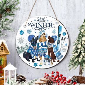 Winter Snowflake Dog Door Sign Decoration Wooden Wreath for Front Door Rustic Holiday Hanging Sign Farmhouse Door Wreath for Hanger Wall Door Outside Porch