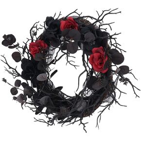 belupai Halloween Wreath for Front Door, 11.2in Artificial Black Eucalyptus Wreath Day of The Dead Wreath, Black Rose Wreath Horror Gothic Wreath Front Door