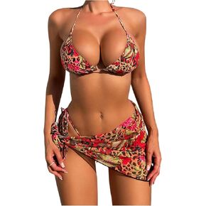 SOLY HUX Bikini Sets for Women 3 Piece Floral Print Halter Triangle Swimsuit Bathing Suit with Beach Skirt