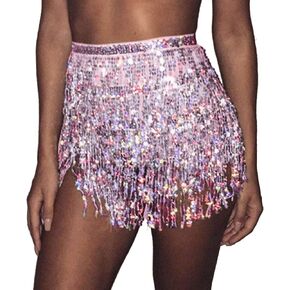 Sequin Tassel Skirt Fringe Hip Scarf Belly Dance Rave Outfit for Women and Girls (Pink) in Saudi Arabia