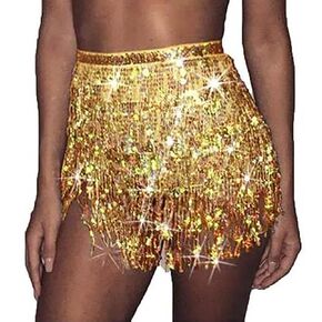 Sequin Tassel Skirt Fringe Hip Scarf Belly Dance Rave Outfit for Women and Girls (Pink)