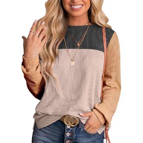 Womens Fashion Color Block Tops Crewneck Knitted Long Sleeve Shirts Casual Loose Fall Pullover with Side Slits