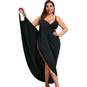 OYOANGLE Women's Plus Size Wrap V Neck Sleeveless Pom Pom Trim Beach Dress Cover Up Beachwear