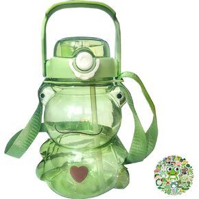 Kawaii frog straw bottle, frog water bottle with adjustable shoulder strap cute stickers, portable drinking cup for girls boys school office travel, green