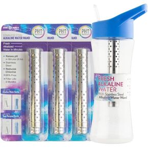 New Wave Enviro Alkaline Bottle with Replacement Wands Bundle, Bottle with 3 Replacement Cartridges, On the Go Alkaline Water for a full year with Chlorine reduction, Alkaline Bottle Blue Color
