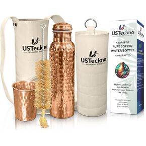 Copper Water Bottle w/Copper Tumbler, Carrying Bag & Sleeve| Ayurvedic Copper Bottle for Travel, Yoga, Gym Lower Your Sugar Intake And Enjoy Health Benefits | Lab Tested (Copper bottle with White bag)