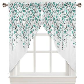 Swag Curtain Valances Teal Turquoise Grey Floral Swag Valances for Kitchen Windows Spring Flowers Short Topper Curtains Tier Pair for Kitchen Bedroom Living Room Bathroom Cafe 36"x56"