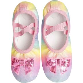 Dance Shoes for Girls Pink Ballet Flats Rainbow Glitter Ballerina Slippers with Elastic Laces