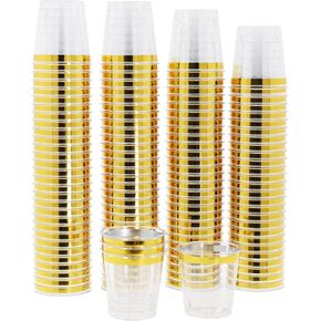 Mandala Crafts 120 Hard Clear Plastic Shot Glasses 1 oz Plastic Shot Cups Disposable Metallic Gold Rim Mini Plastic Cups for Party, Sample Cups, Tasting, Whiskey
