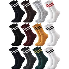 Shihanee 12 Pairs Womens Striped Crew Socks Cotton Crew Boot Socks Vintage Athletic Casual Mid Calf Socks Retro Tube Socks Winter for Women Size 5-9