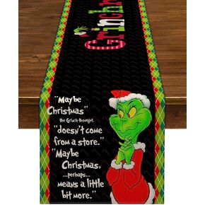 Nepnuser Merry Grinchmas Table Runner Green Elf Winter Holiday Party Decor Xmas Home Kitchen Dining Room Indoor Decoration (Black, 13" x 72")
