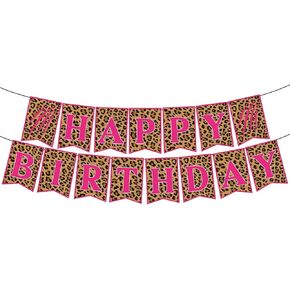 Cheetah Happy Birthday Banner Leopard Print Birthday Supplies Baby Shower Jungle Safari Girls Pink Birthday Party Decorations